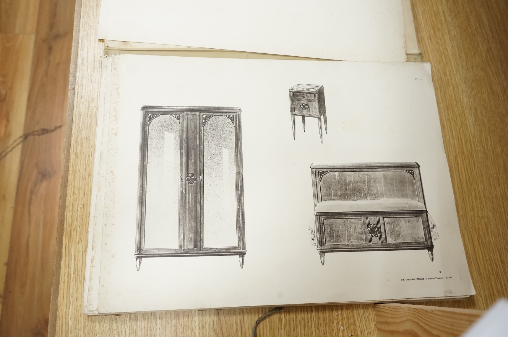 Moreau, Charles - Les Nouveaux Meubles Modernes en Bois Massif. 24 plates loose in linen backed paper boards portfolio. Paris, (ca.1930)